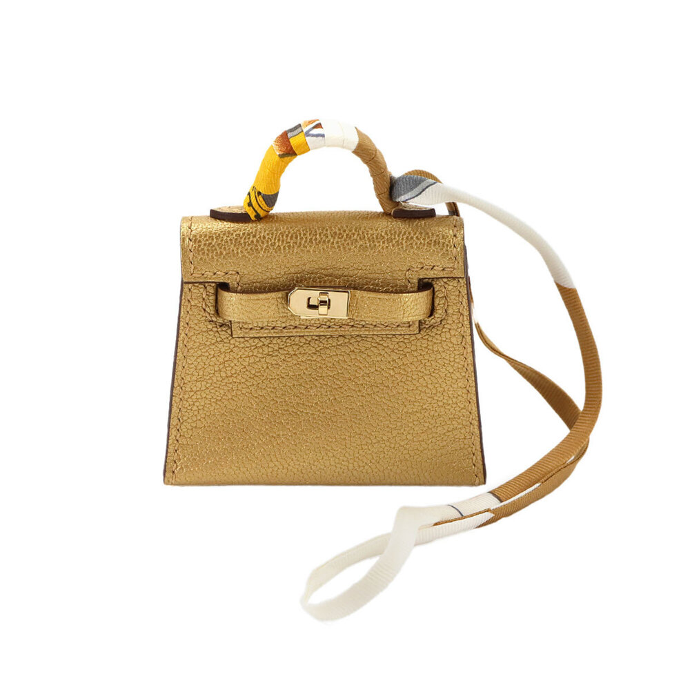 Hermes Kelly Twilly Mini Accessory Bag Charm, Chevre Leather, Gold, K Stamp.